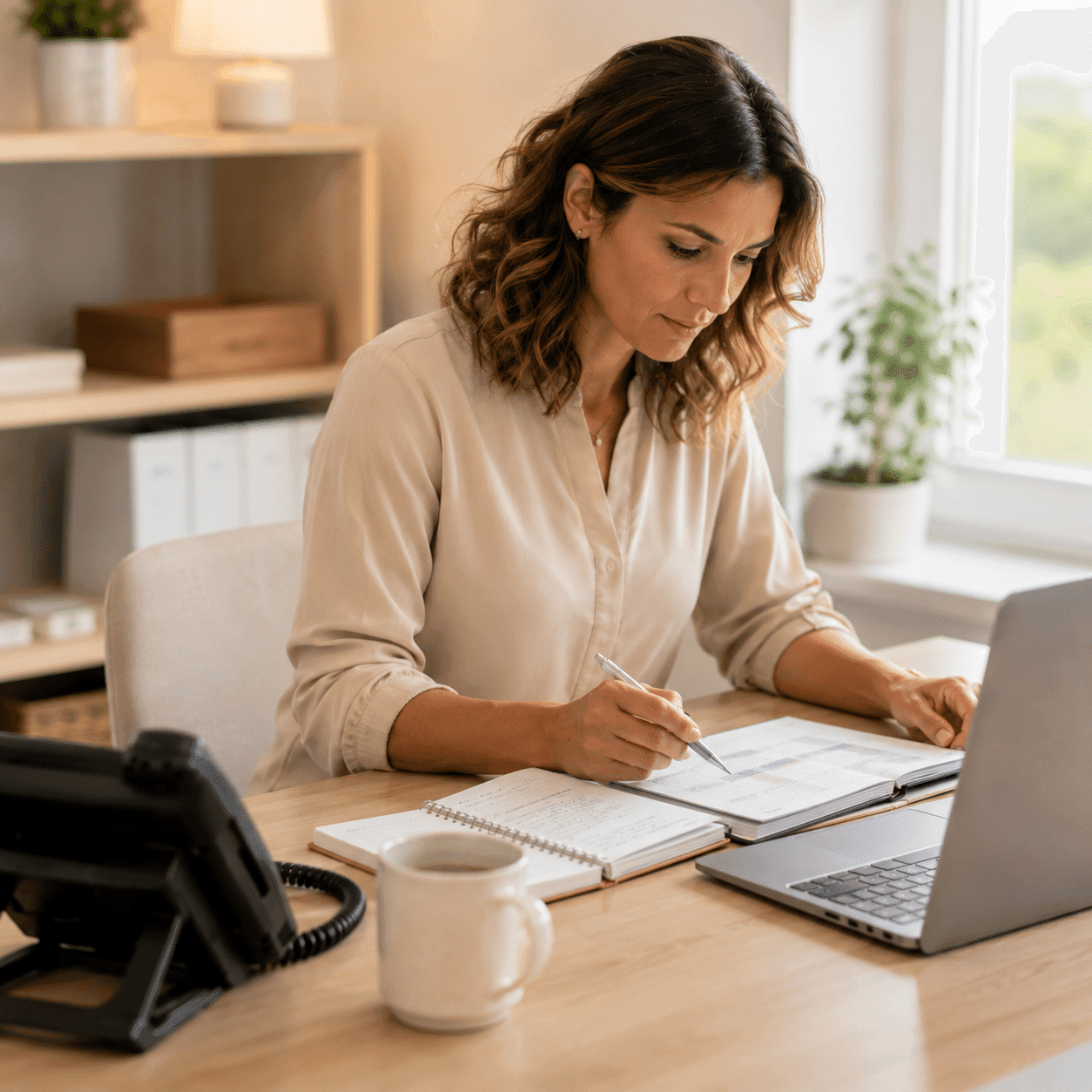 Télésecrétaire Bel'assist au travail à son bureau, prenant des notes pour un cabinet de podologie