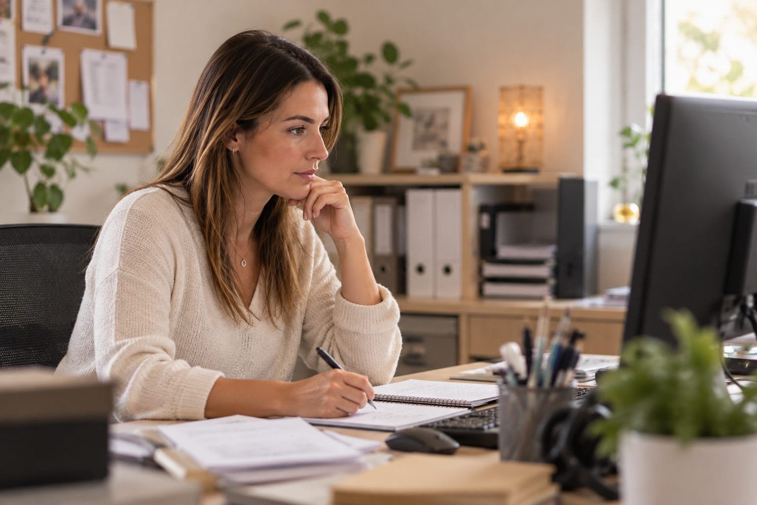 Membre de l'équipe Bel'assist à son bureau, attentive aux consignes d'un cabinet de kinésithérapie