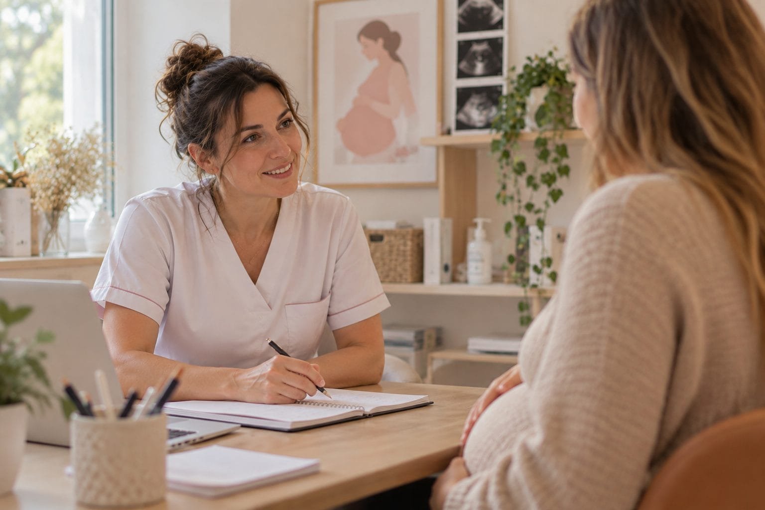 Sage-femme en consultation avec une patiente enceinte dans son cabinet, télésecrétariat Bel'assist