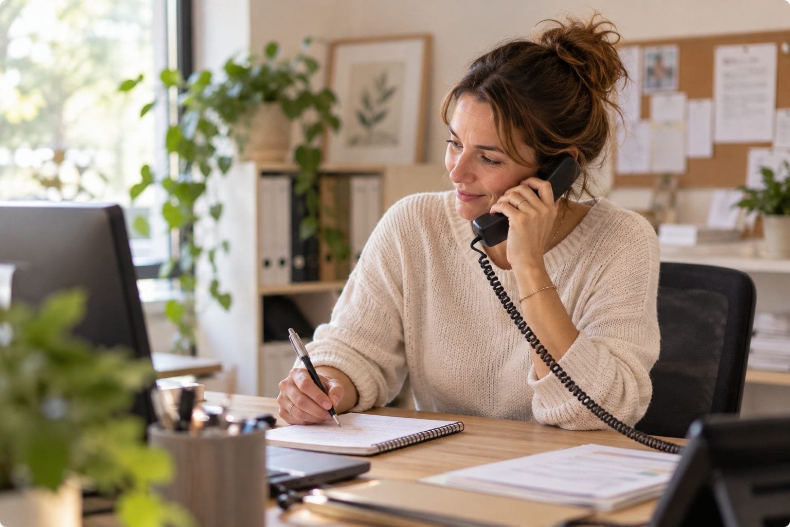 Membre de l'équipe Bel'assist au téléphone prenant des notes pour un cabinet médical de Paris